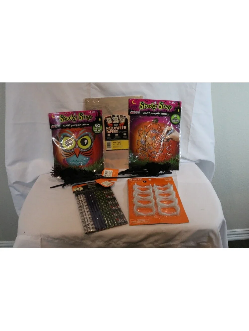Assorted Halloween Bundle Tattoos, Vampire Teeth, Pencils, Papers